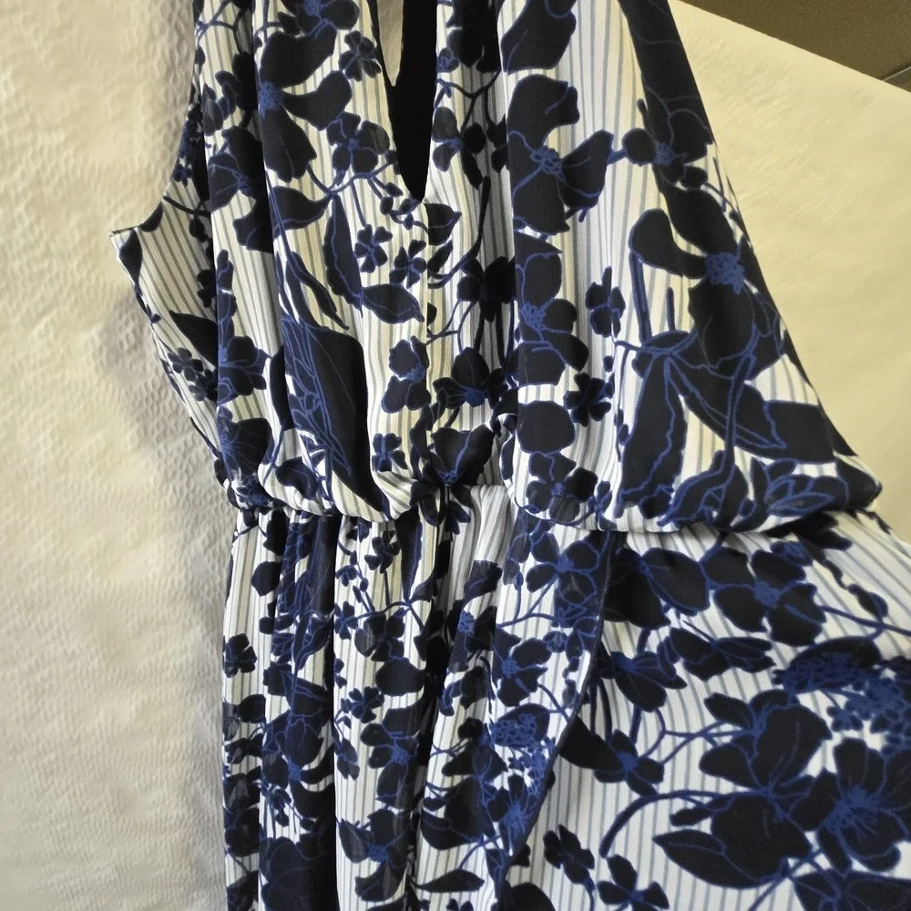 En Focus Studio Maxi Dress Women's Sz 14 Blue Gray Sleeveless Floral‎ Mock Neck - Picture 11 of 14